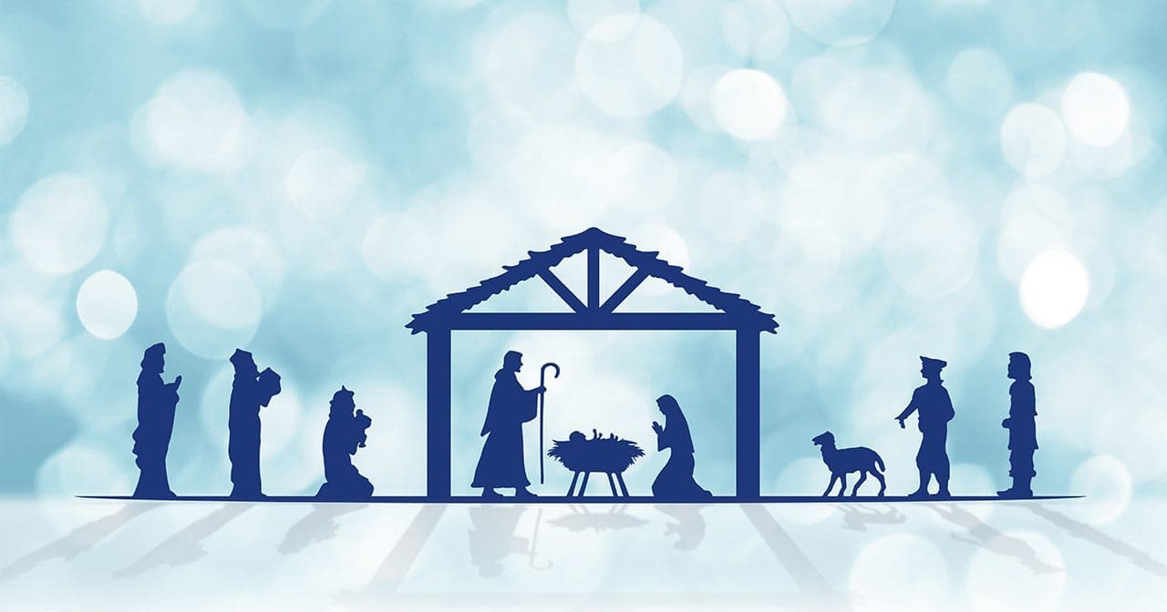 Blue silhouette of a simple manger scene glowing with quiet hope, symbolizing how Jesus brings light to an “always winter never Christmas” world of longing and story.