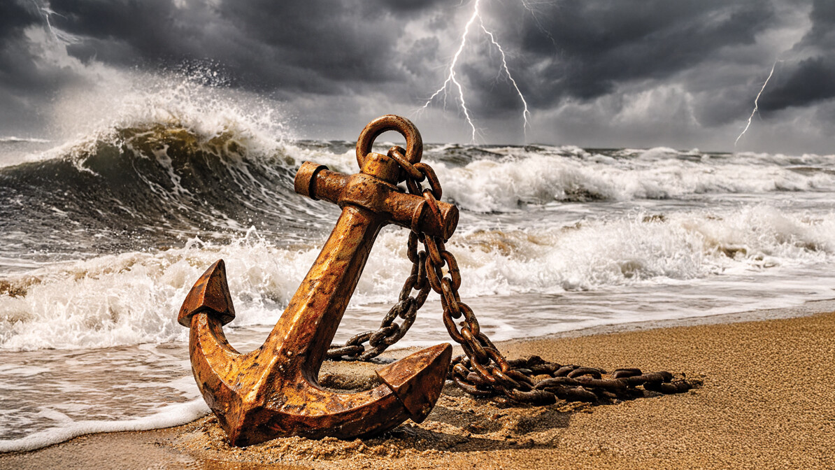 anchor on the shore of an ocean, unshaken