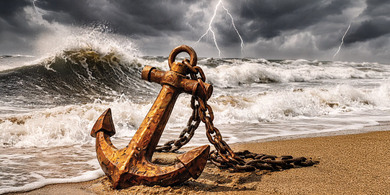 anchor on the shore of an ocean, unshaken