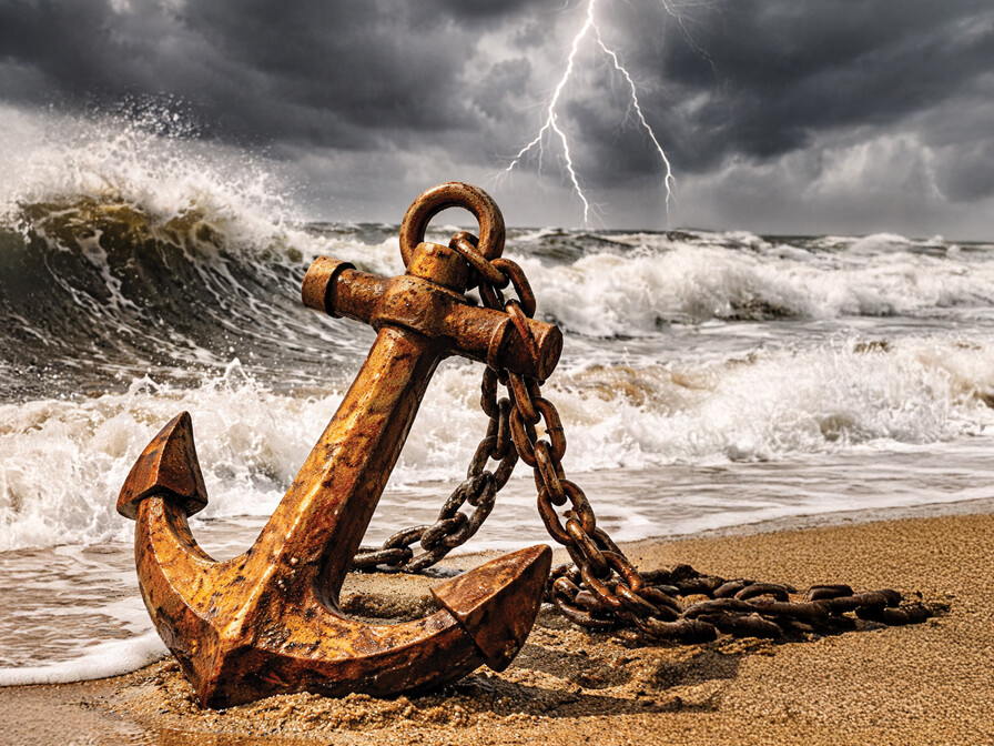 anchor on the shore of an ocean, unshaken