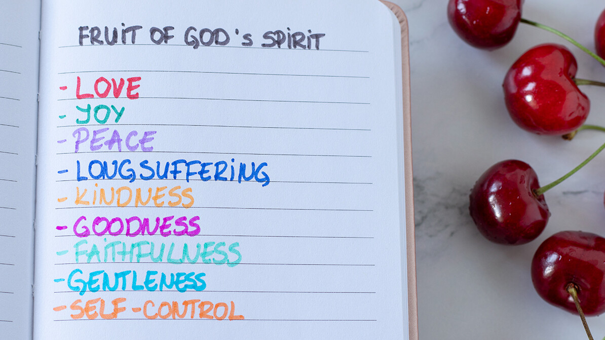 page in a notebook with a list of the 9 fruit of God's spirit