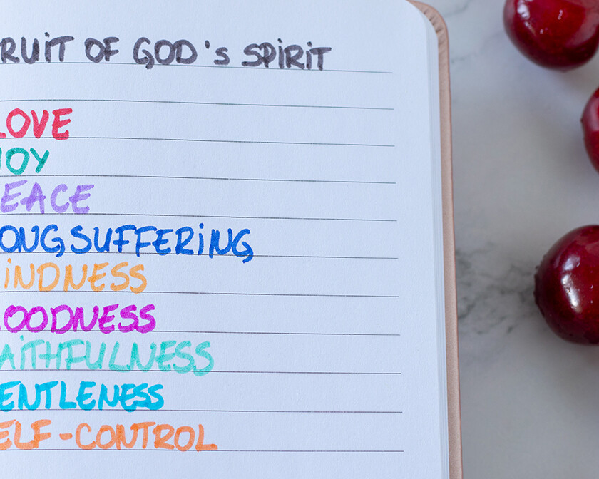 page in a notebook with a list of the 9 fruit of God's spirit