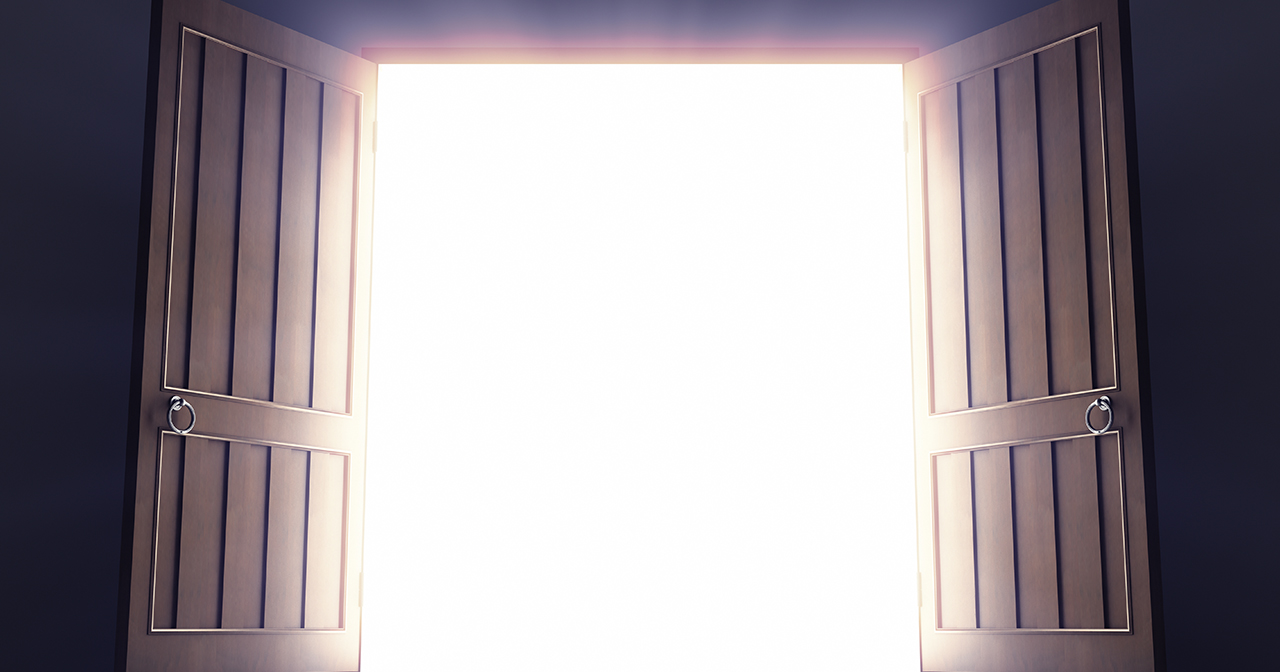 Open doors with bright heavenly light shining through..