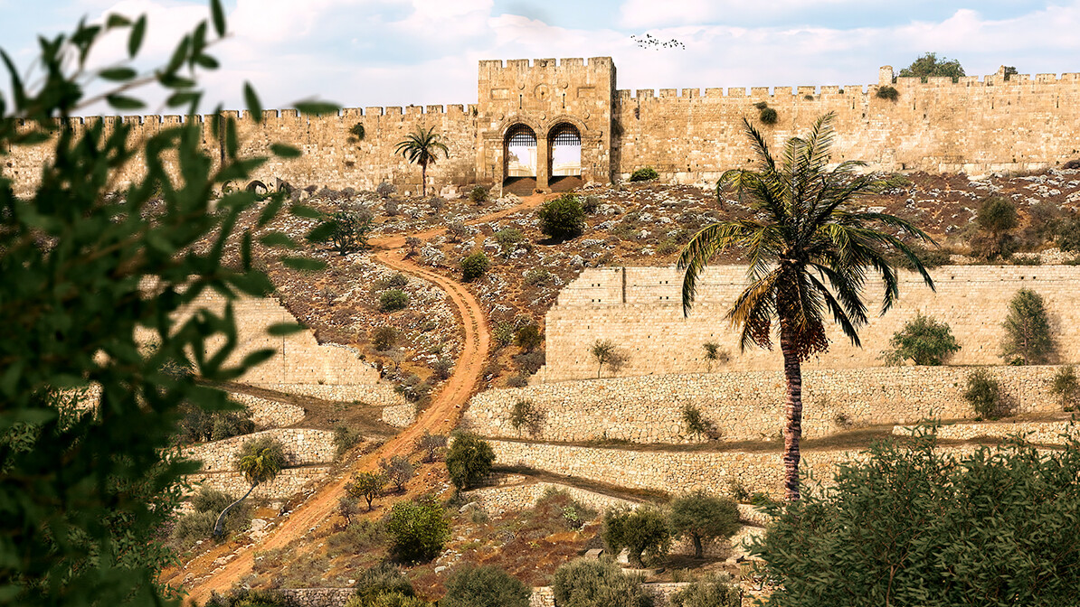 Sandy path leading through an open entryway in a stone wall in Jerusalem, with small bushes and palm trees.