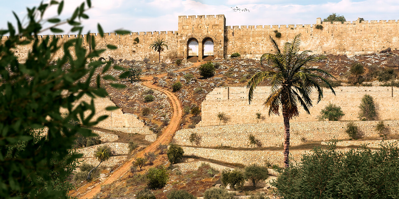 Sandy path leading through an open entryway in a stone wall in Jerusalem, with small bushes and palm trees.