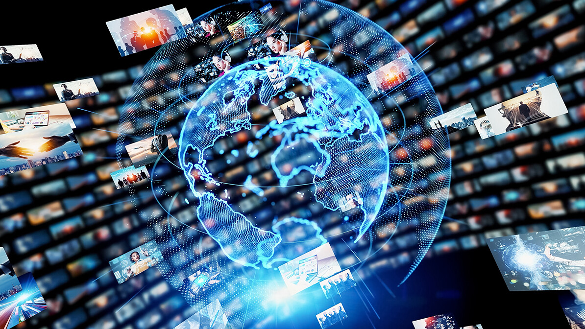 Holographic globe showing global media connections with images representing different continents.